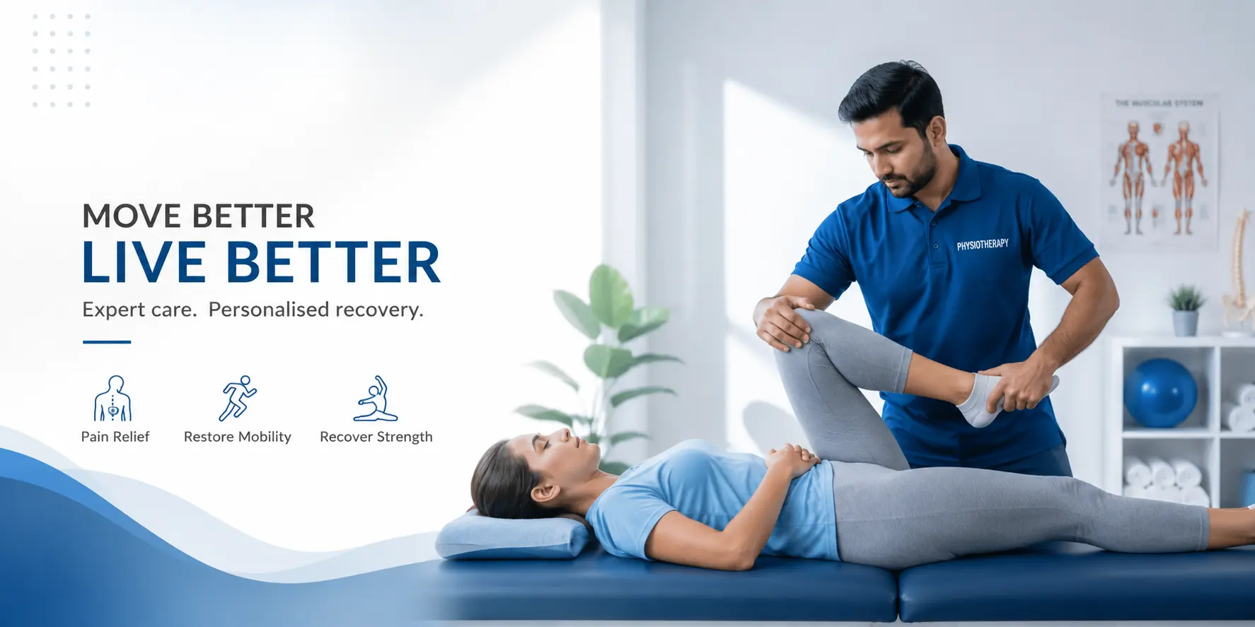Jodhpur Physiotherapy Center banner featuring a physiotherapist treating a patient with the heading "Your Journey to a Pain-Free Life" in a modern rehabilitation clinic.